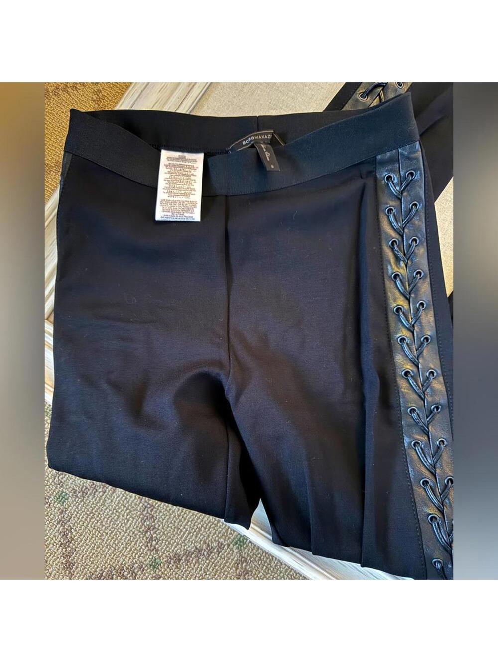 BCBG MaxAzria black leggings with faux leather side stripe with lacing NWOT S